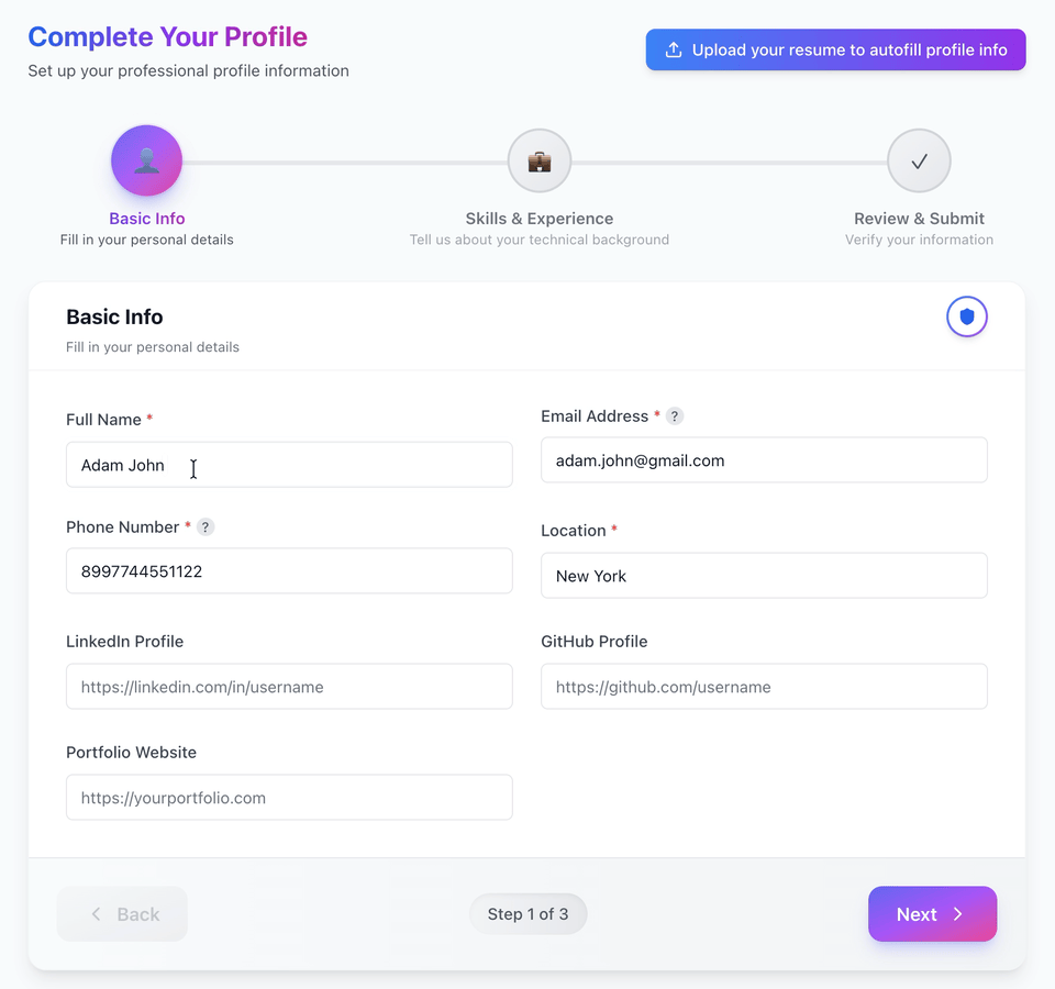 Set Up Your Interview Profile: Input your profile: JD, target company, seniority level, and interview type. Moc